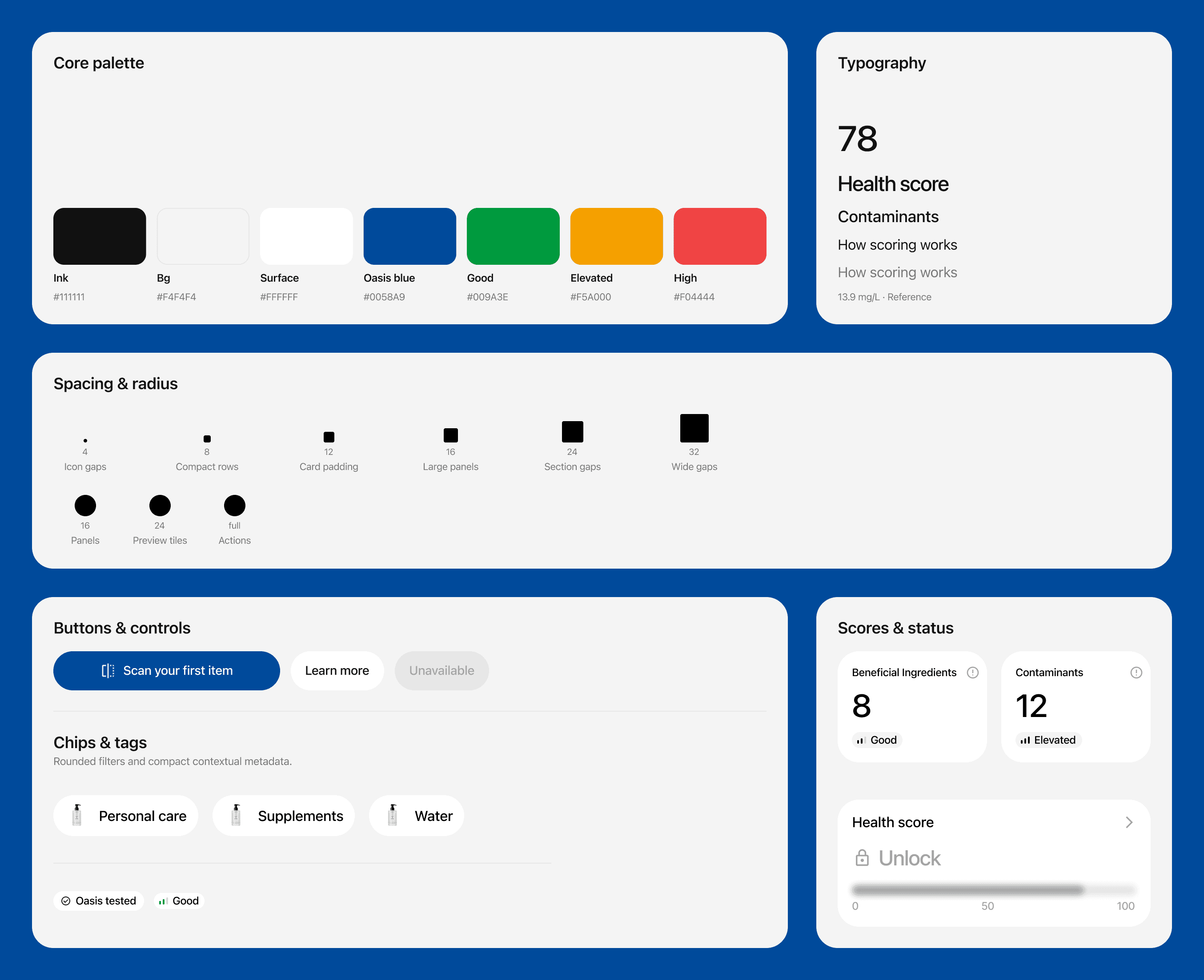 Oasis design system — core palette, typography, spacing, and components