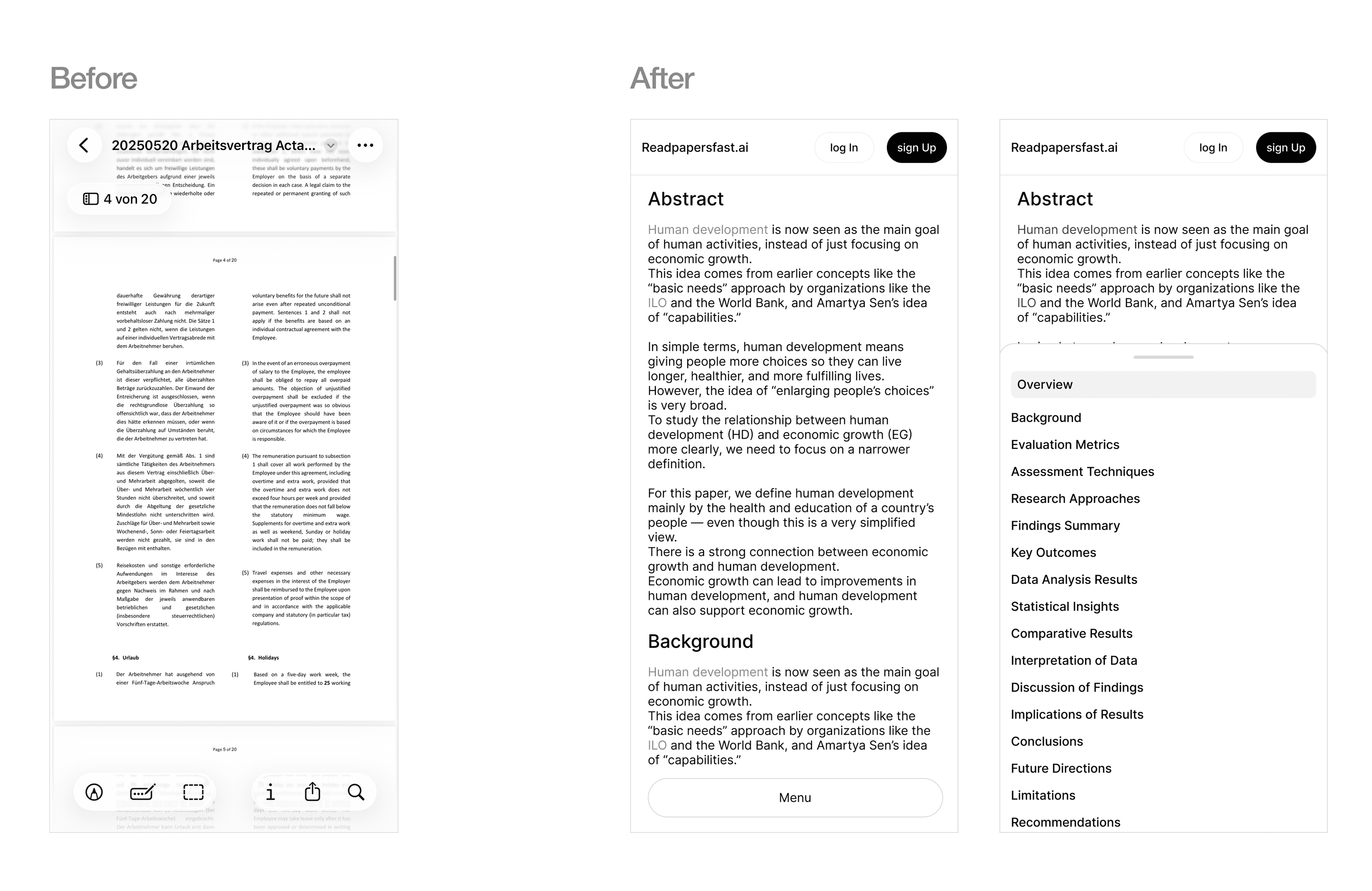 ReadPapersFast — a raw PDF versus the readable, rebuilt version