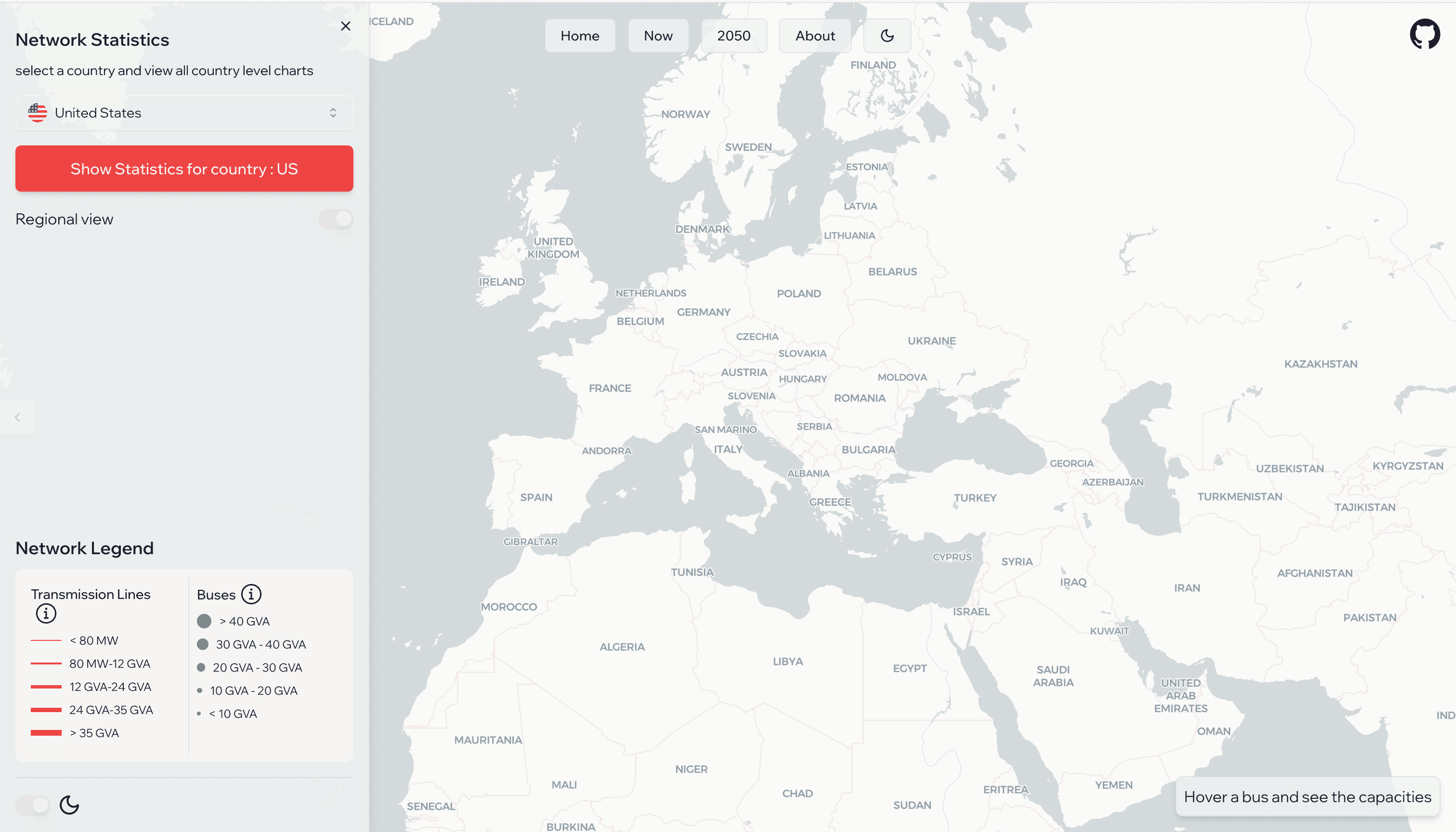 Interactive network statistics map of global power grids